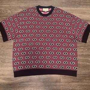 Gucci Black & Pink Jacquard Stripe GG Short Sleeve Sweater